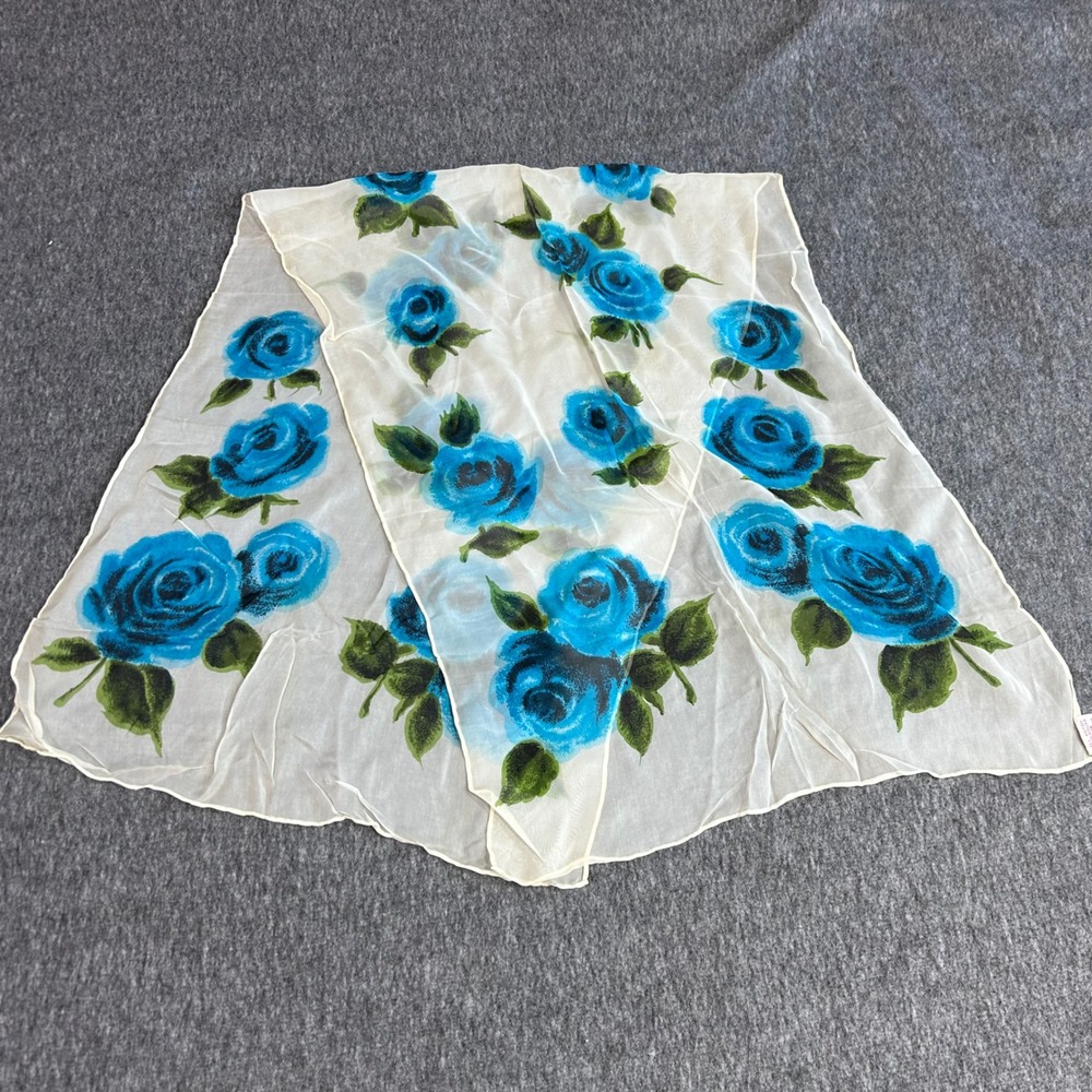 Vintage Japan Hand Rolled Rayon Scarf Blue Rose Floral Sheer White WPL 13407